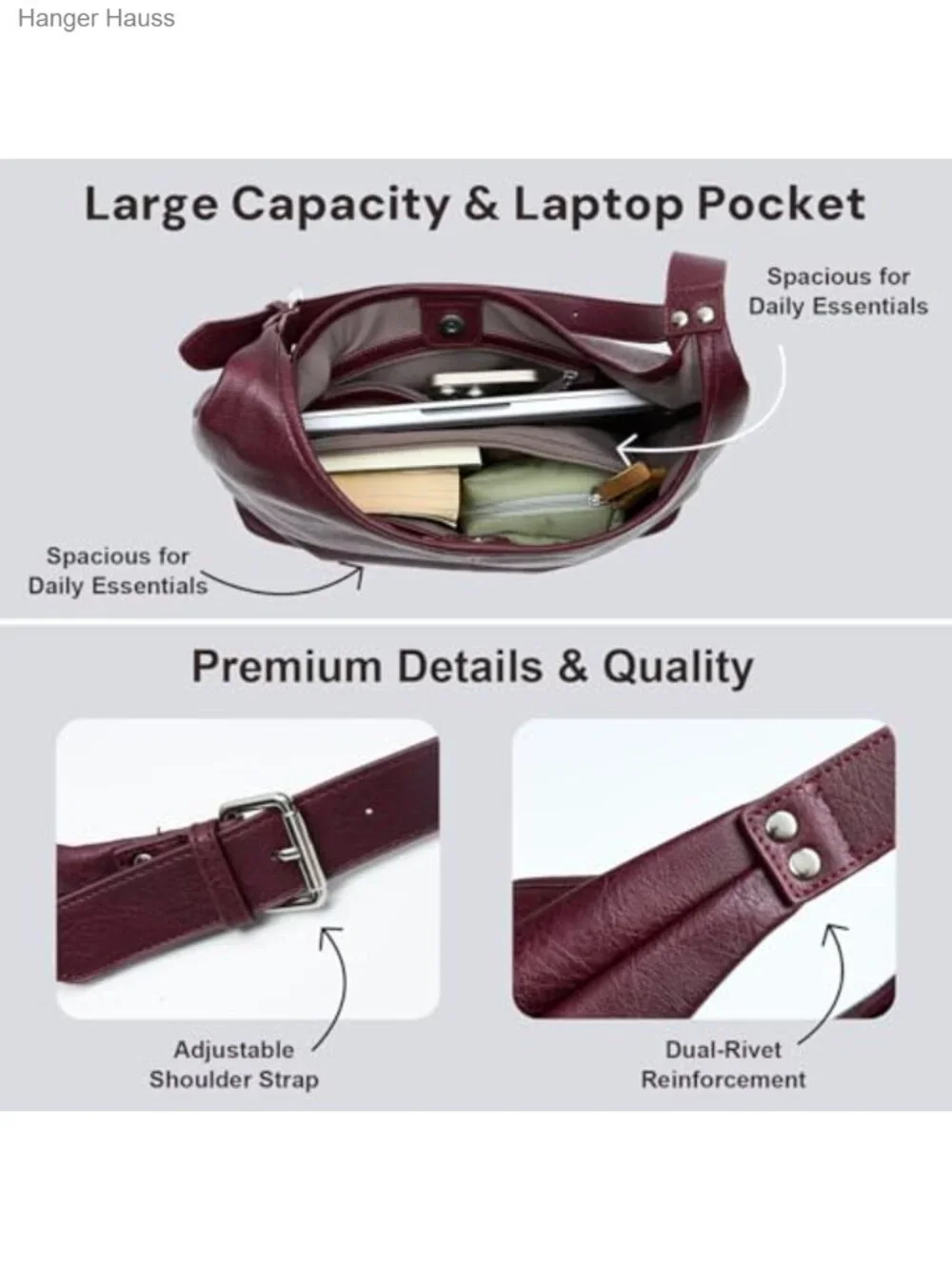 Vegan Leather Slouchy Hobo Shoulder Tote with Matching Pouch Laptop Bag